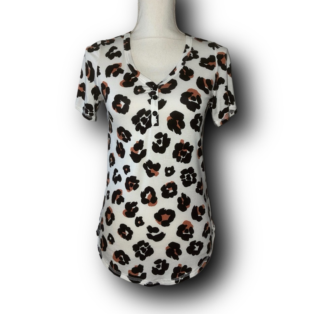 Leopard Print Short Sleeve Henley-Style Rayon Blend Top